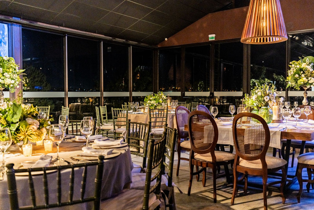 Restaurant dining room with tables set for service