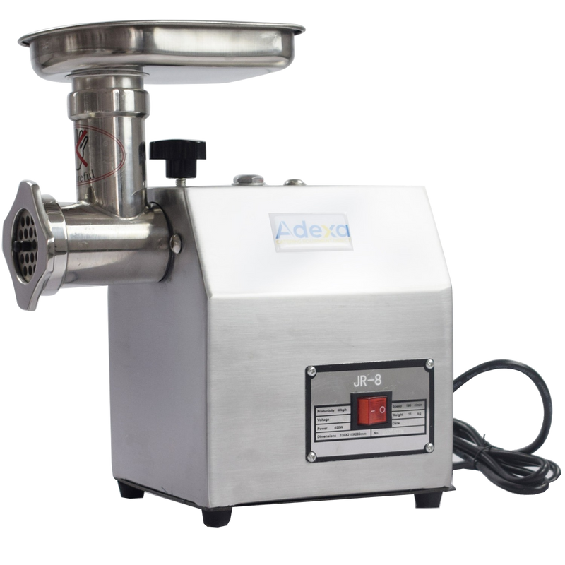 Commercial meat mincer with a feeding tray and mincing head