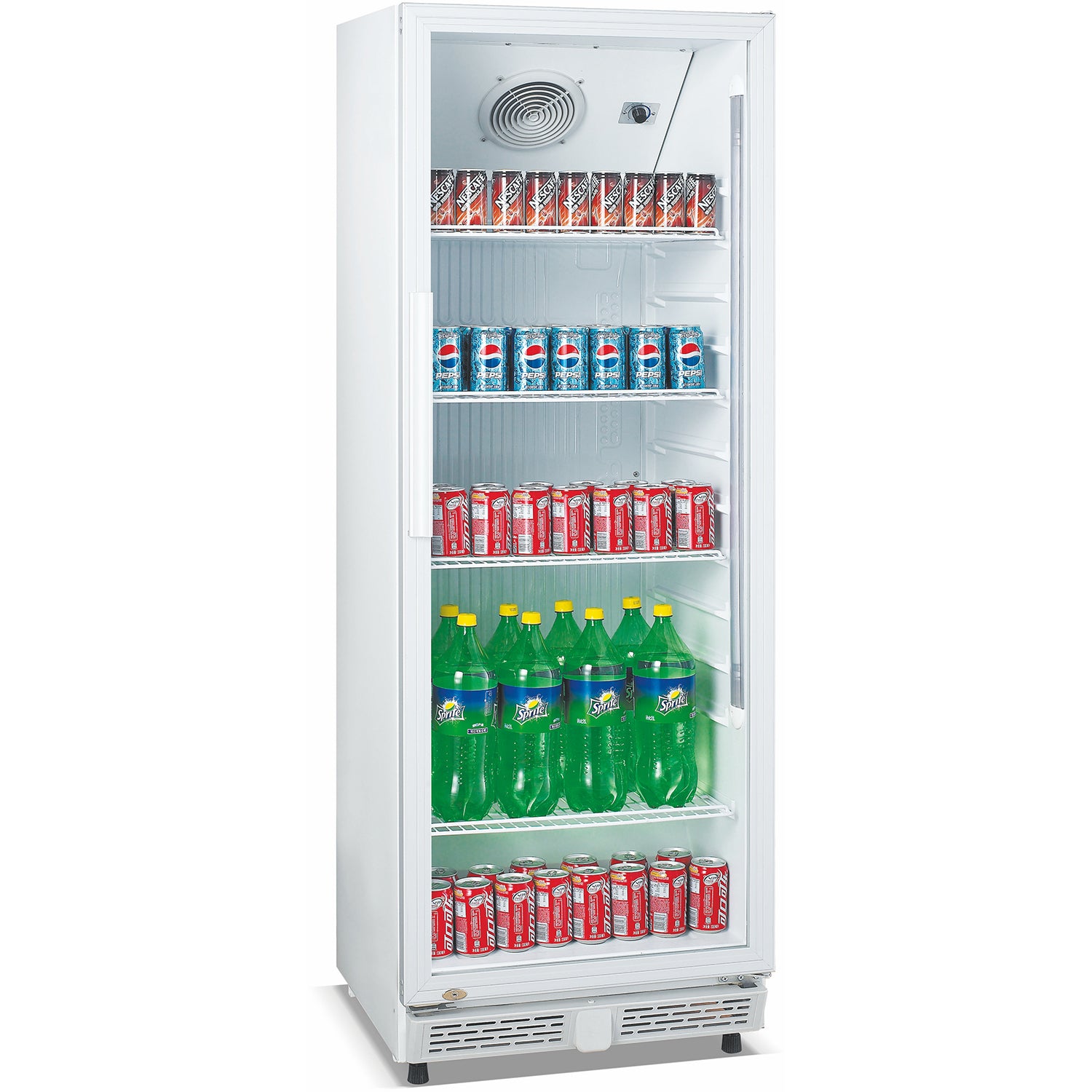 white commercial bottle cooler 326 litres hinged glass door