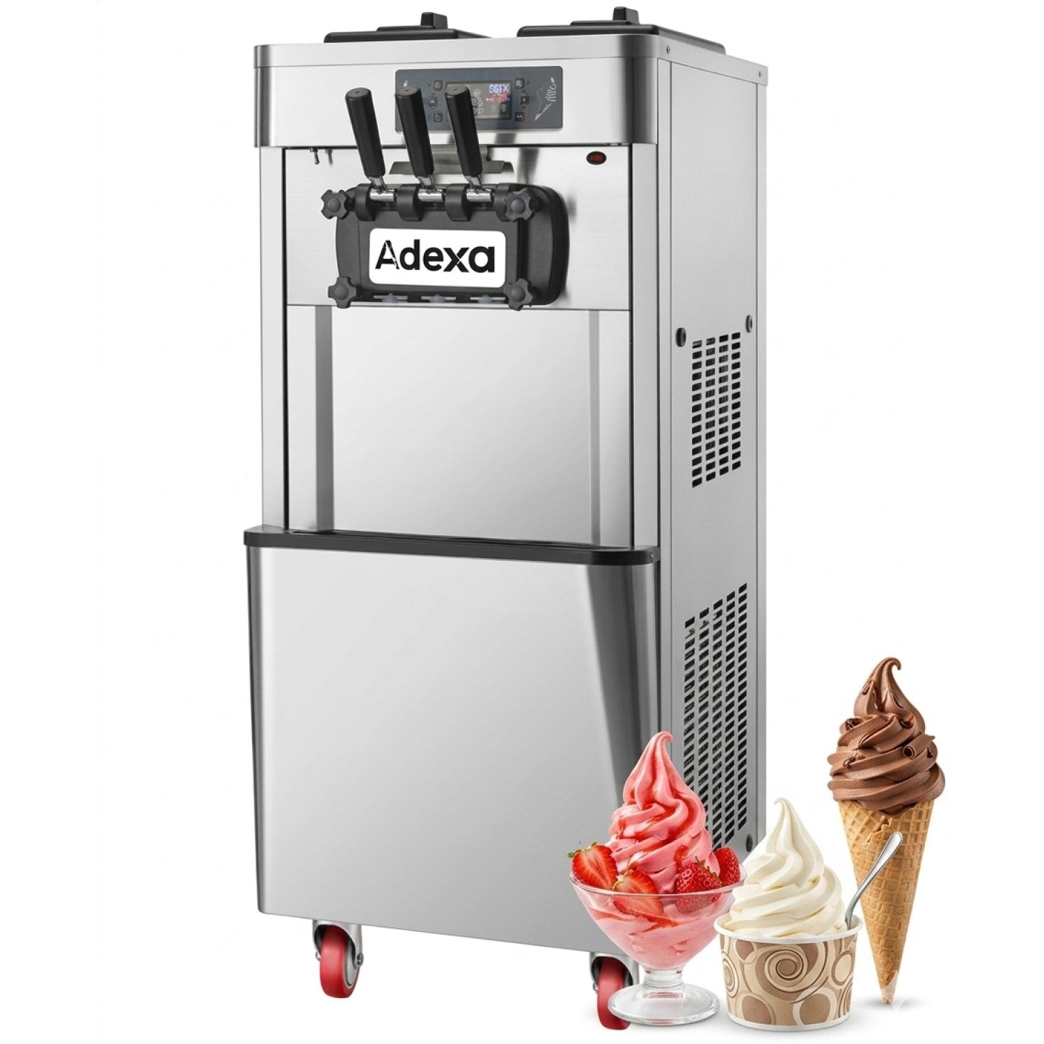 Floorstanding three-flavour soft serve ice cream machine