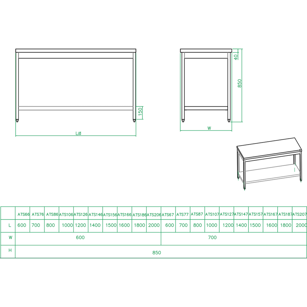 Commercial stainless steel work table dimensions