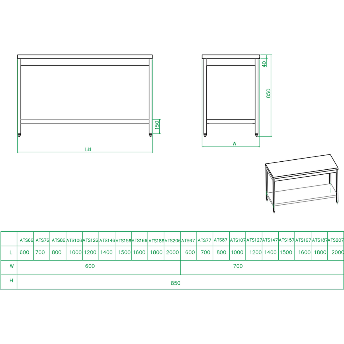 Commercial stainless steel work table dimensions