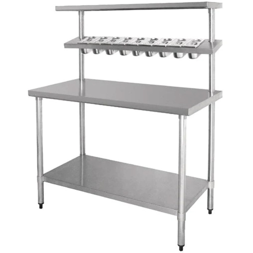 stainless steel prep table with upper shelf and undershelf