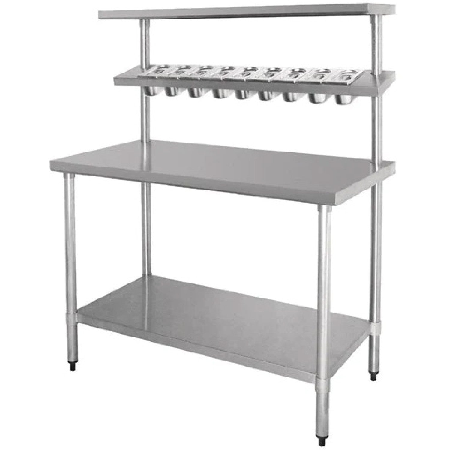 stainless steel prep table with upper shelf and undershelf