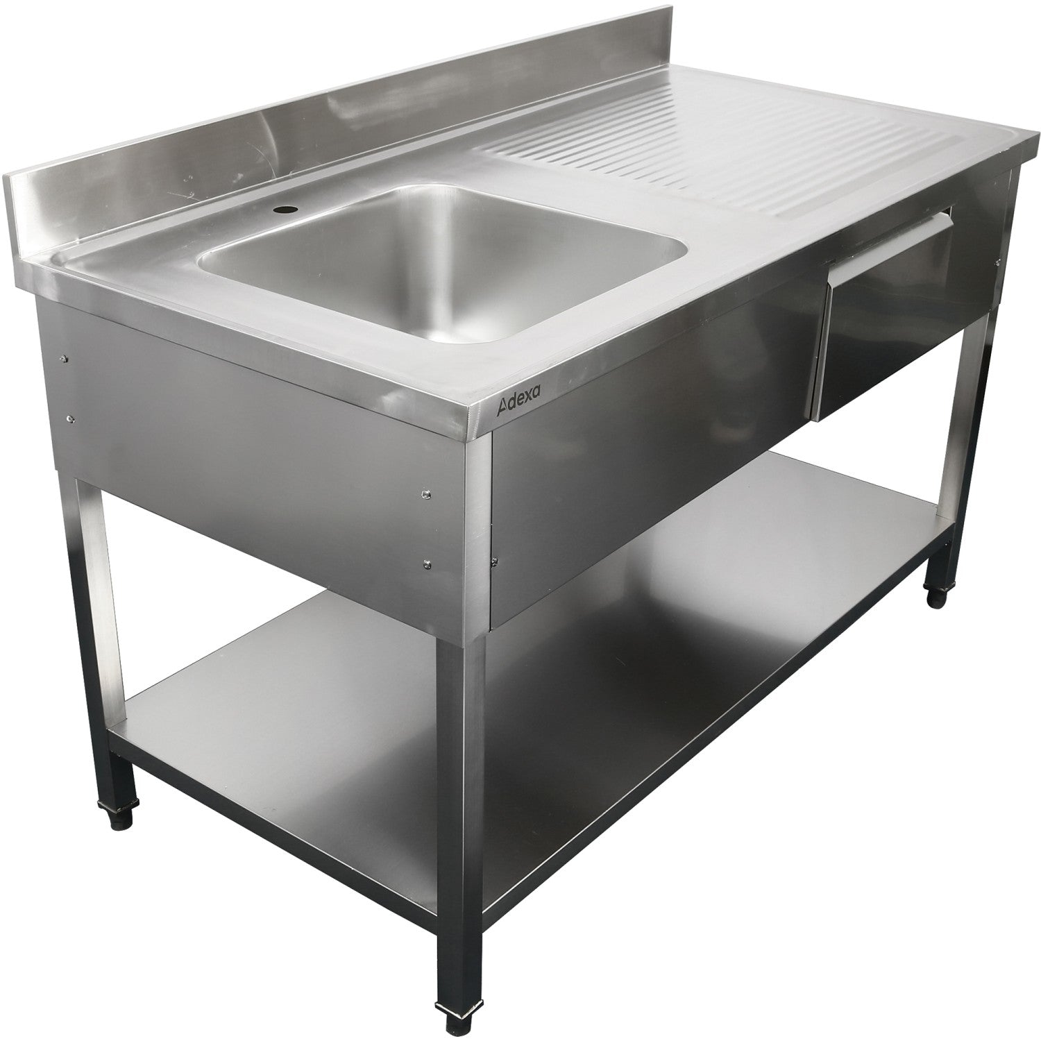 Adexa 1400mm commercial sink with left bowl and drawer