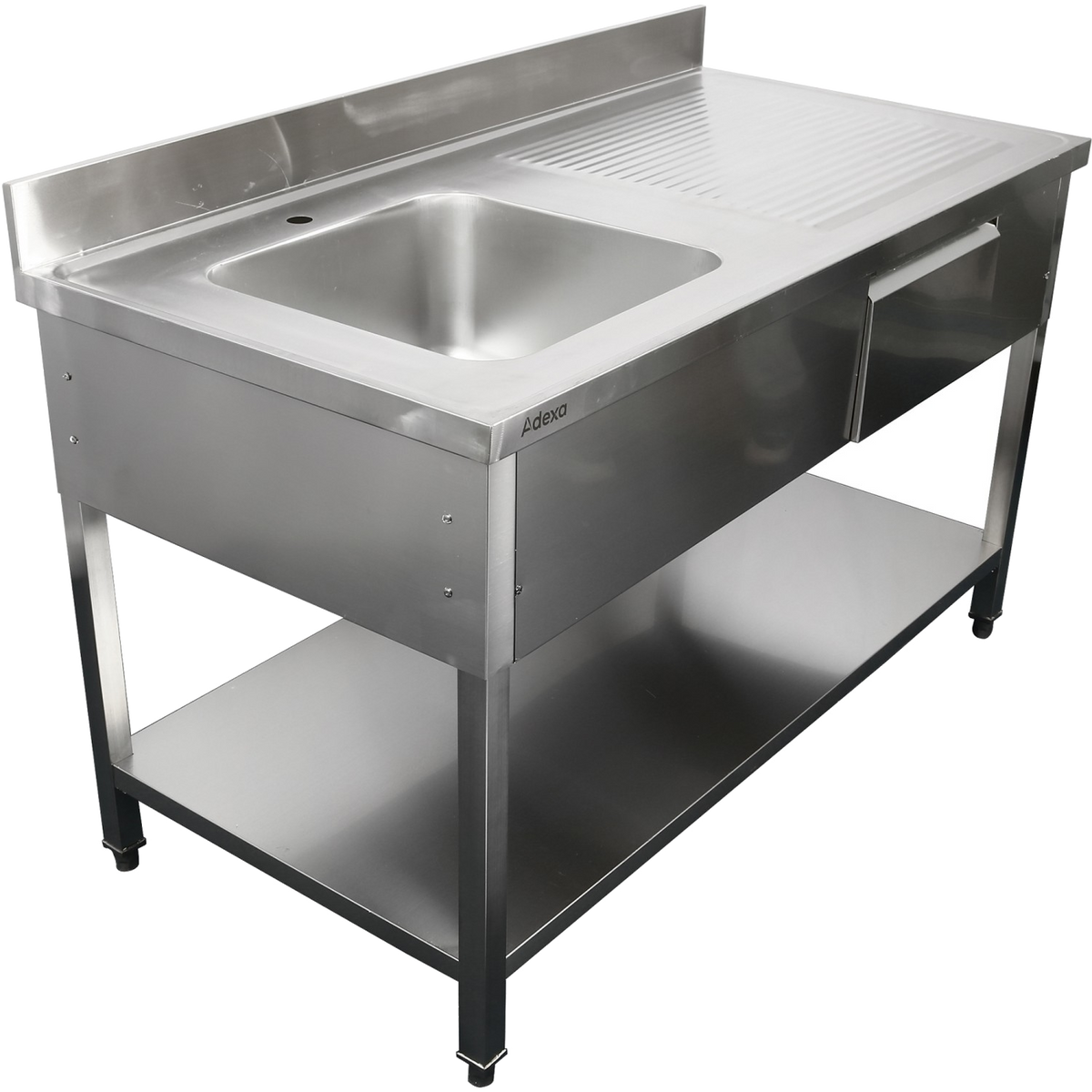 Adexa 1400mm commercial sink with left bowl and drawer