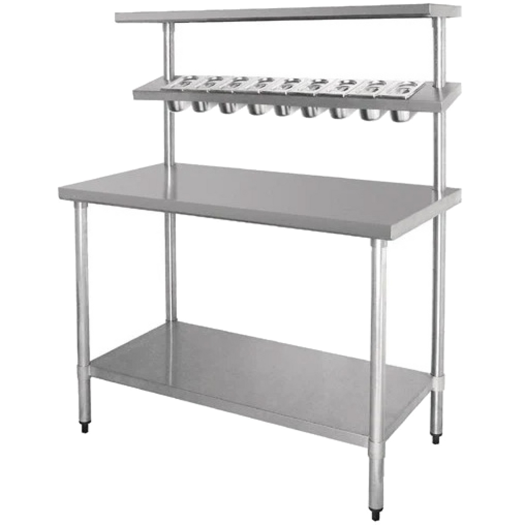 stainless steel prep table with upper shelf and undershelf
