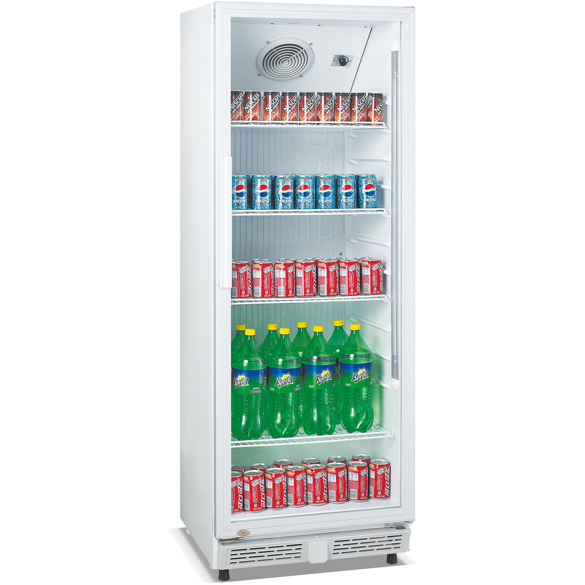 white commercial bottle cooler 326 litres hinged glass door