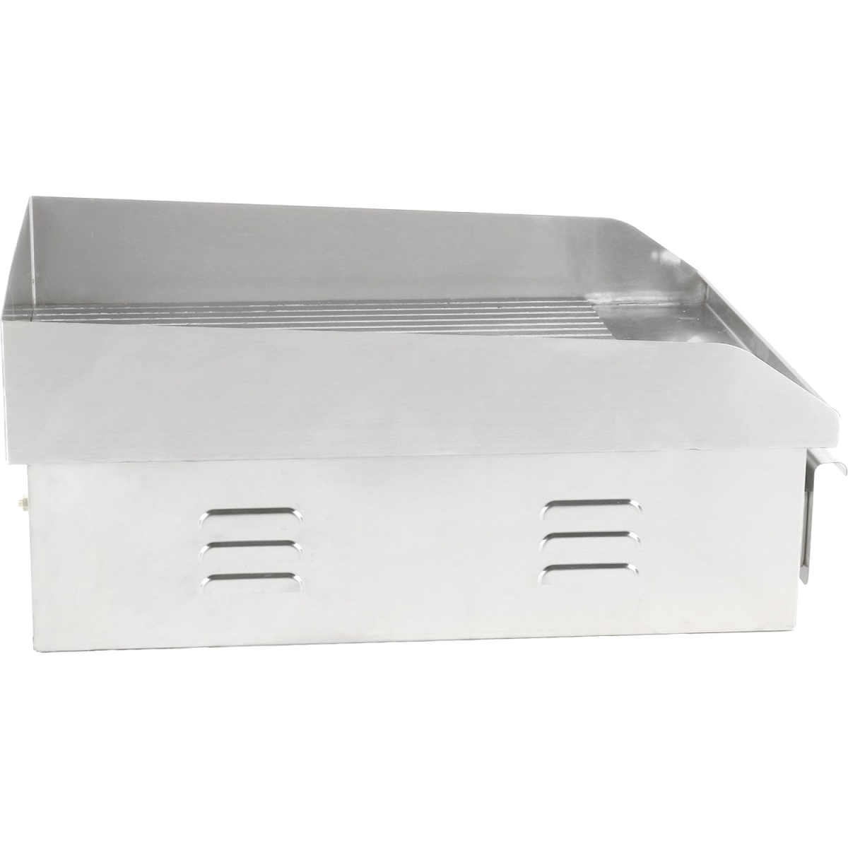 Commercial ribbed griddle side view