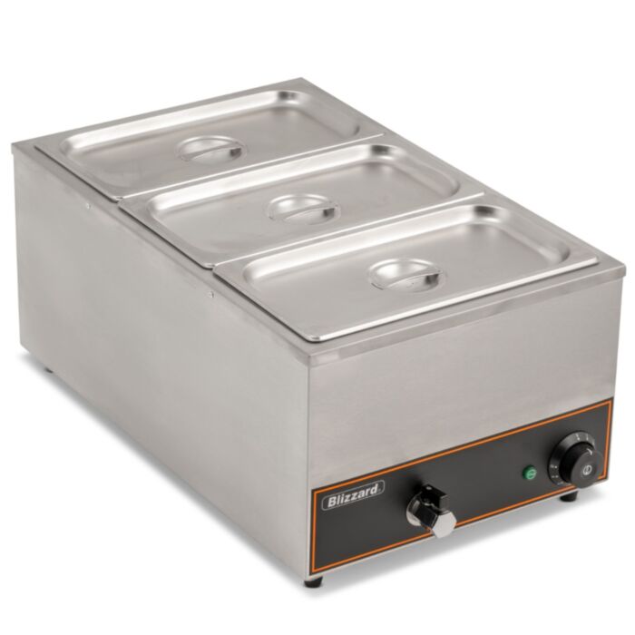 Blizzard BBM1 countertop bain marie with all three GN one-third pans covered by their stainless-steel lids