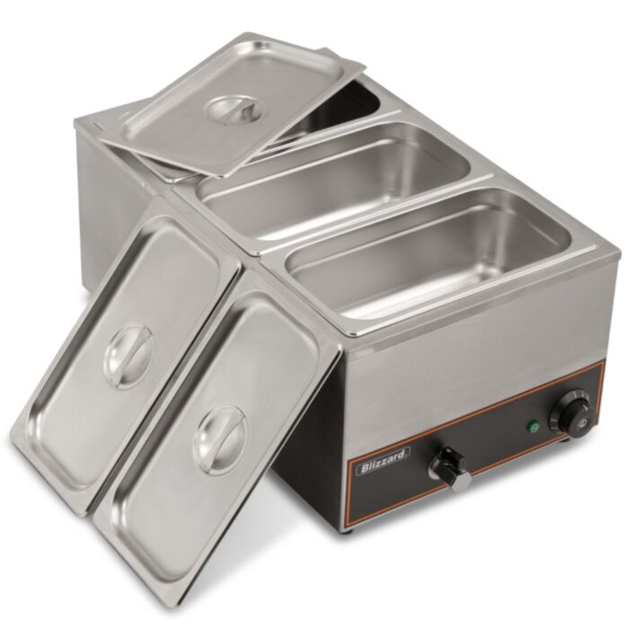 Blizzard BBM1 stainless-steel countertop wet bain marie with three GN one-third containers, lids and drain tap