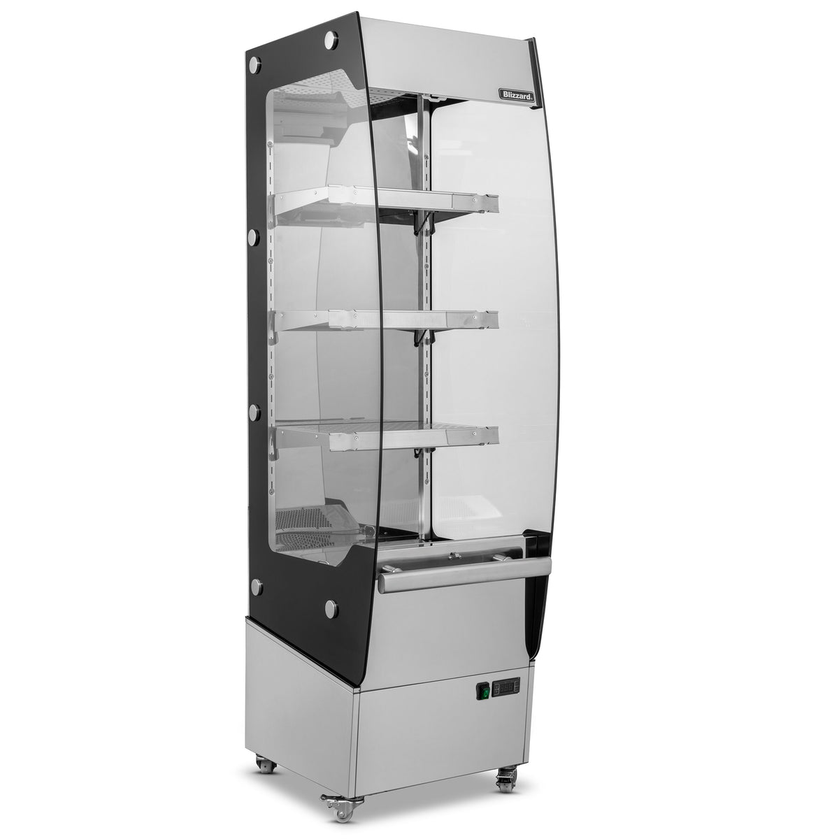 Blizzard BHD50 slimline heated display, angled front view showing glass sides and three shelves
