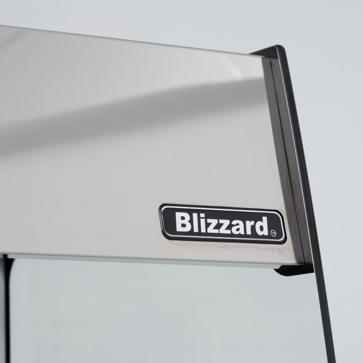 Upper stainless-steel header and Blizzard badge on the BHD50 heated display