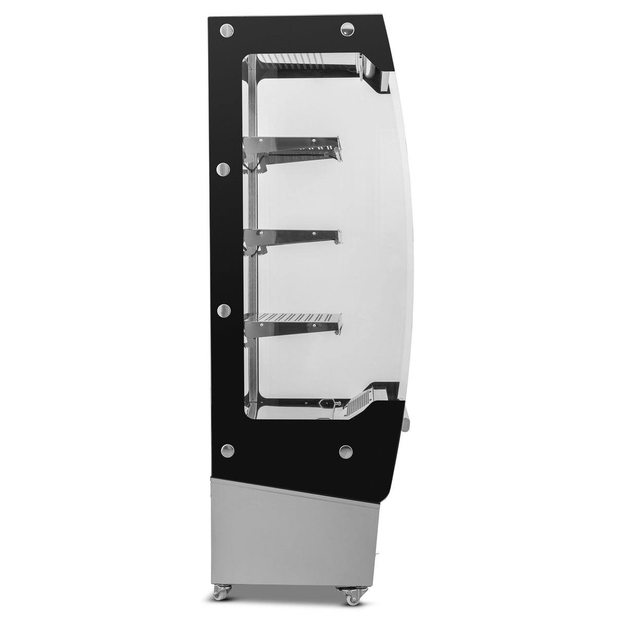 Blizzard BHD50 heated display, side view showing shelf supports and castors