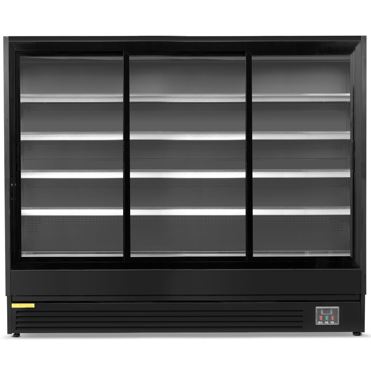 Blizzard BTD200BKGDV2 black refrigerated multideck with three sliding glass doors, straight front view