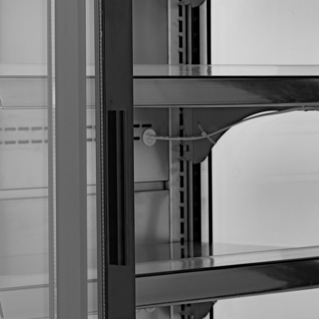 Close-up of the refrigerated multideck adjustable shelf support and glass-door edge, from the supplier gallery