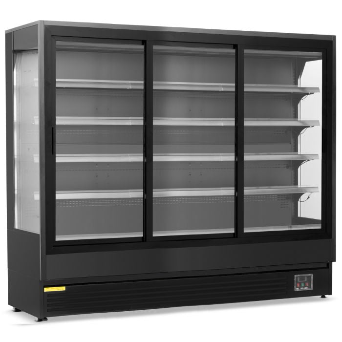 Blizzard BTD200BKGDV2 sliding-door multideck, three-quarter front view with four shelves