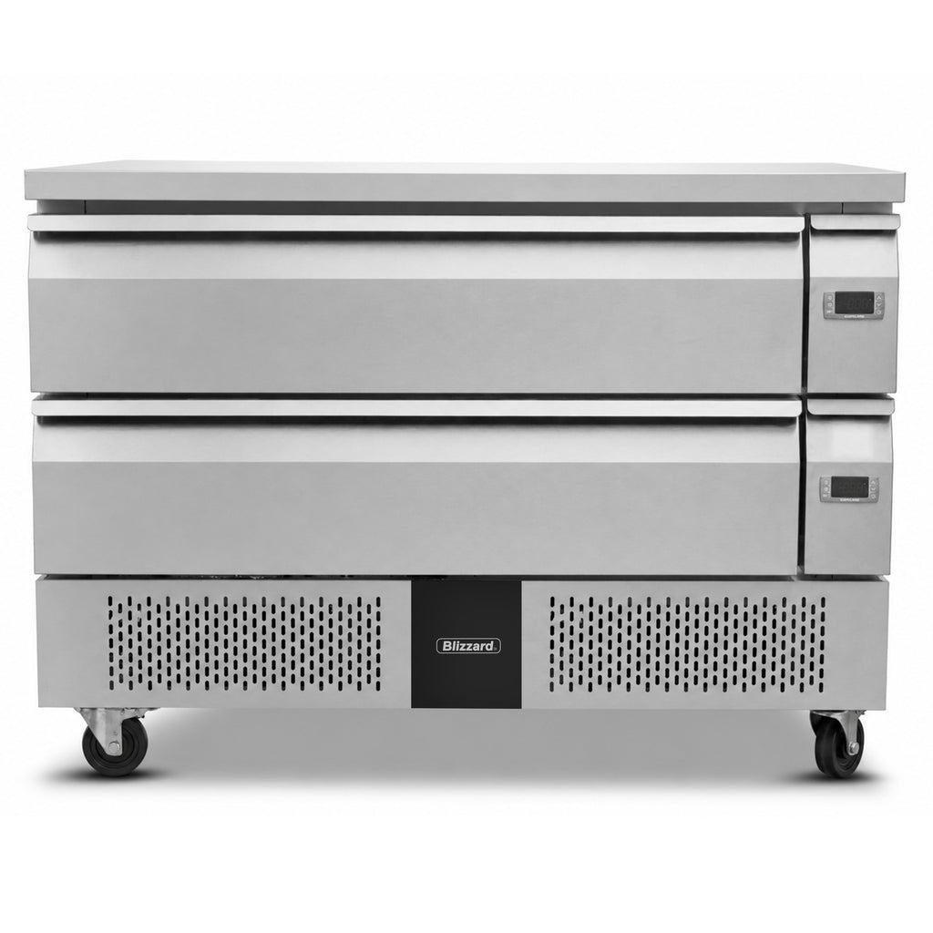 Blizzard CHDR12-2 stainless-steel chef counter with two drawers, straight front view
