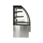 Side view of the EVO150 refrigerated display showing curved front glass and shelves