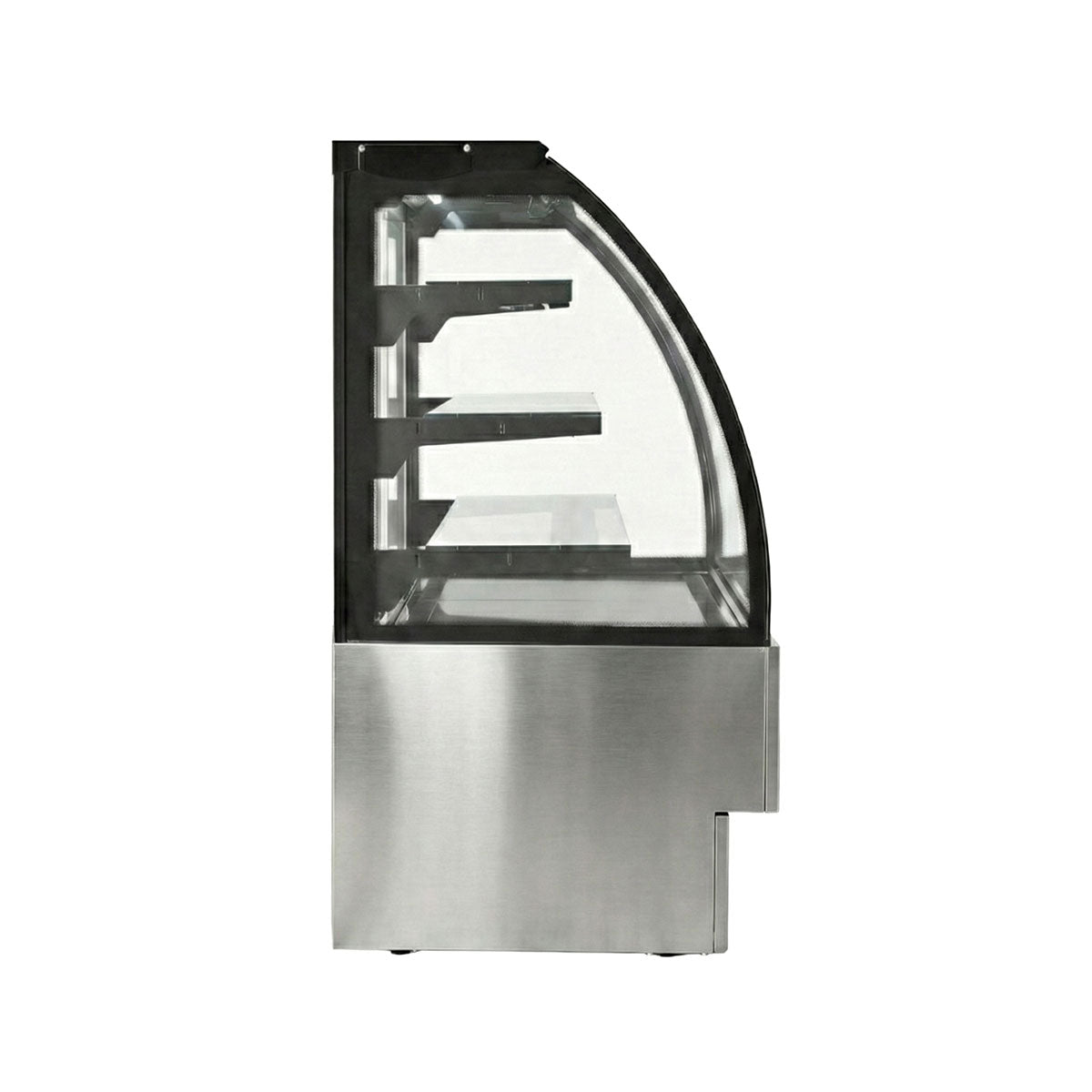 Side view of the EVO150 refrigerated display showing curved front glass and shelves