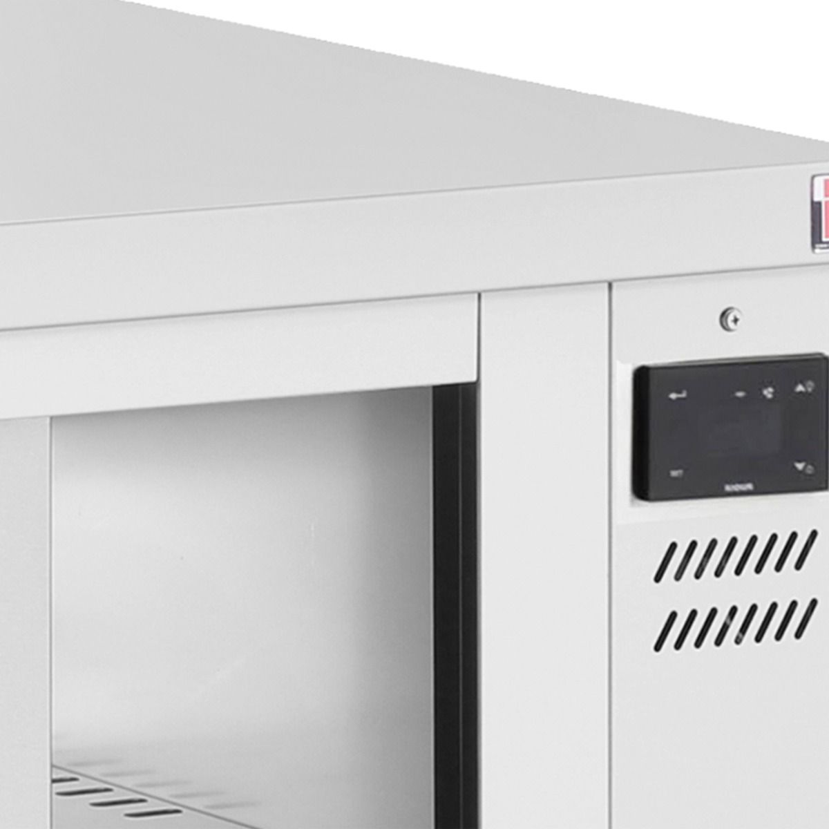 Digital controller and ventilation grille detail from the Inomak HCP hot-cupboard range