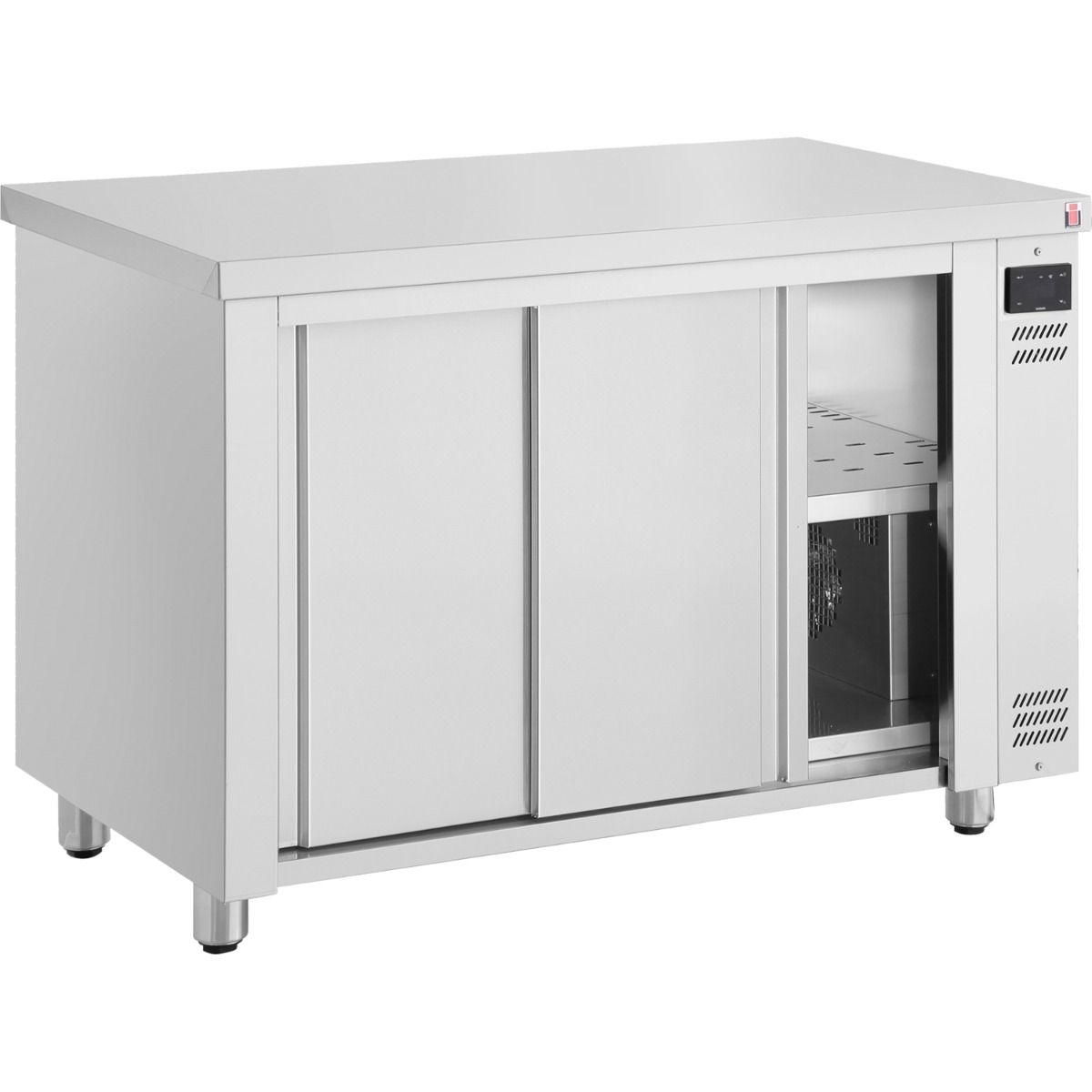 Inomak HCP11 plain-top heated cupboard with sliding doors and adjustable legs