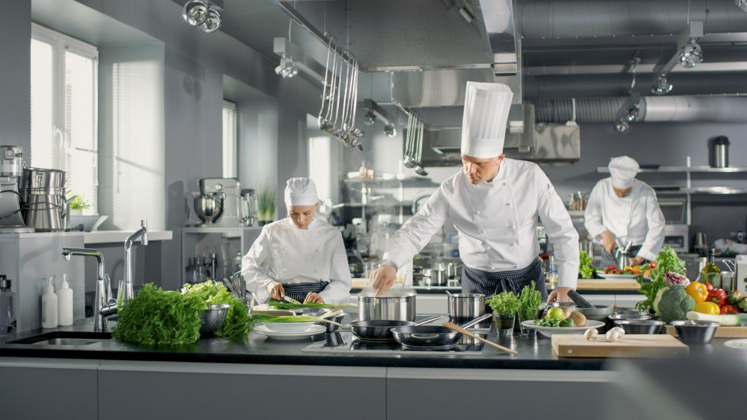 Professional chefs preparing food in a modern commercial kitchen