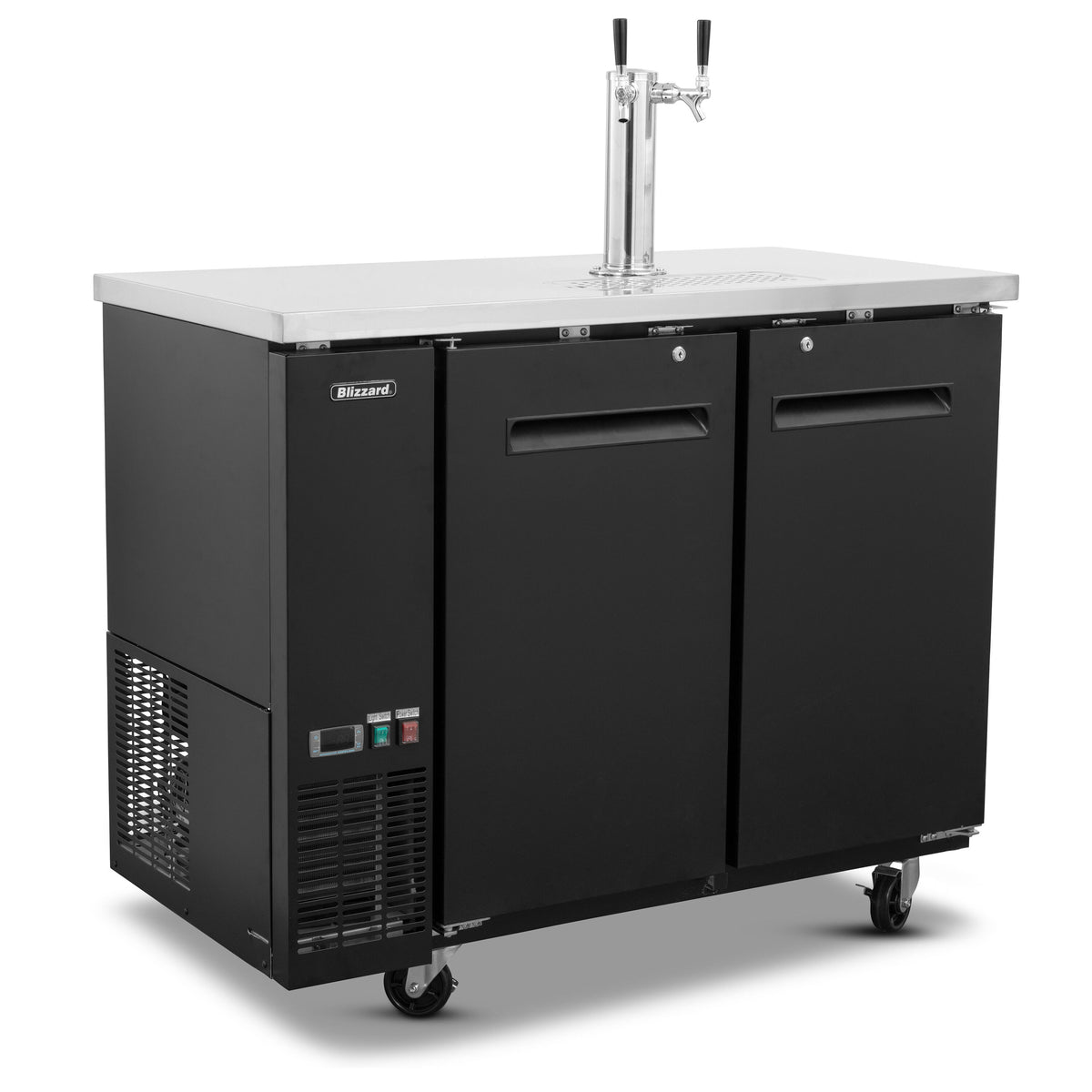 Blizzard KEG2 keg cooler with two doors and two-tap tower, front angled view