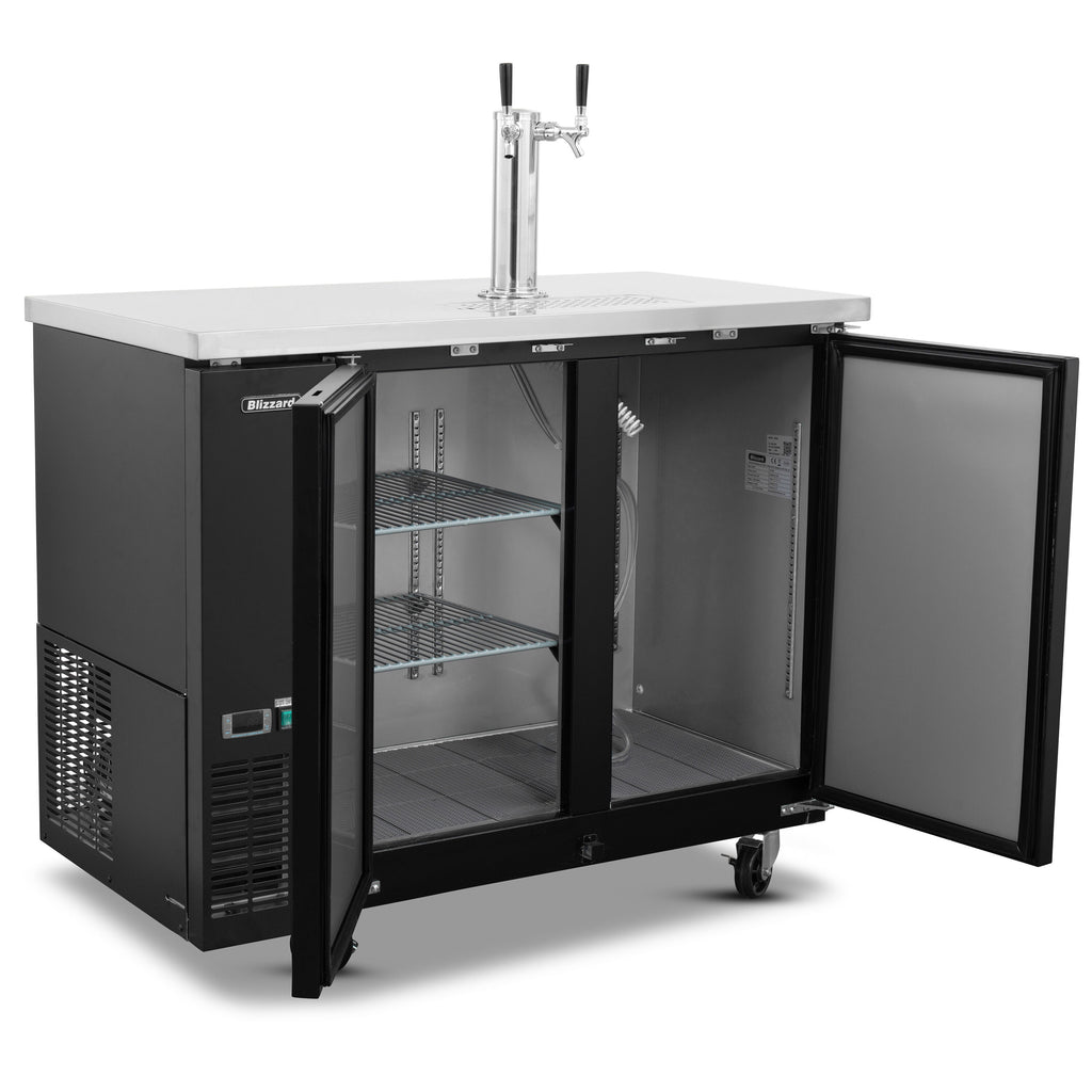 Blizzard KEG2 keg cooler with both doors open showing storage compartments