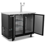 Blizzard KEG2 keg cooler with both doors open showing storage compartments