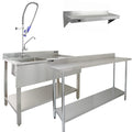 KuKoo 25003 commercial sink, pre-rinse tap, stainless steel bench and two wall shelves