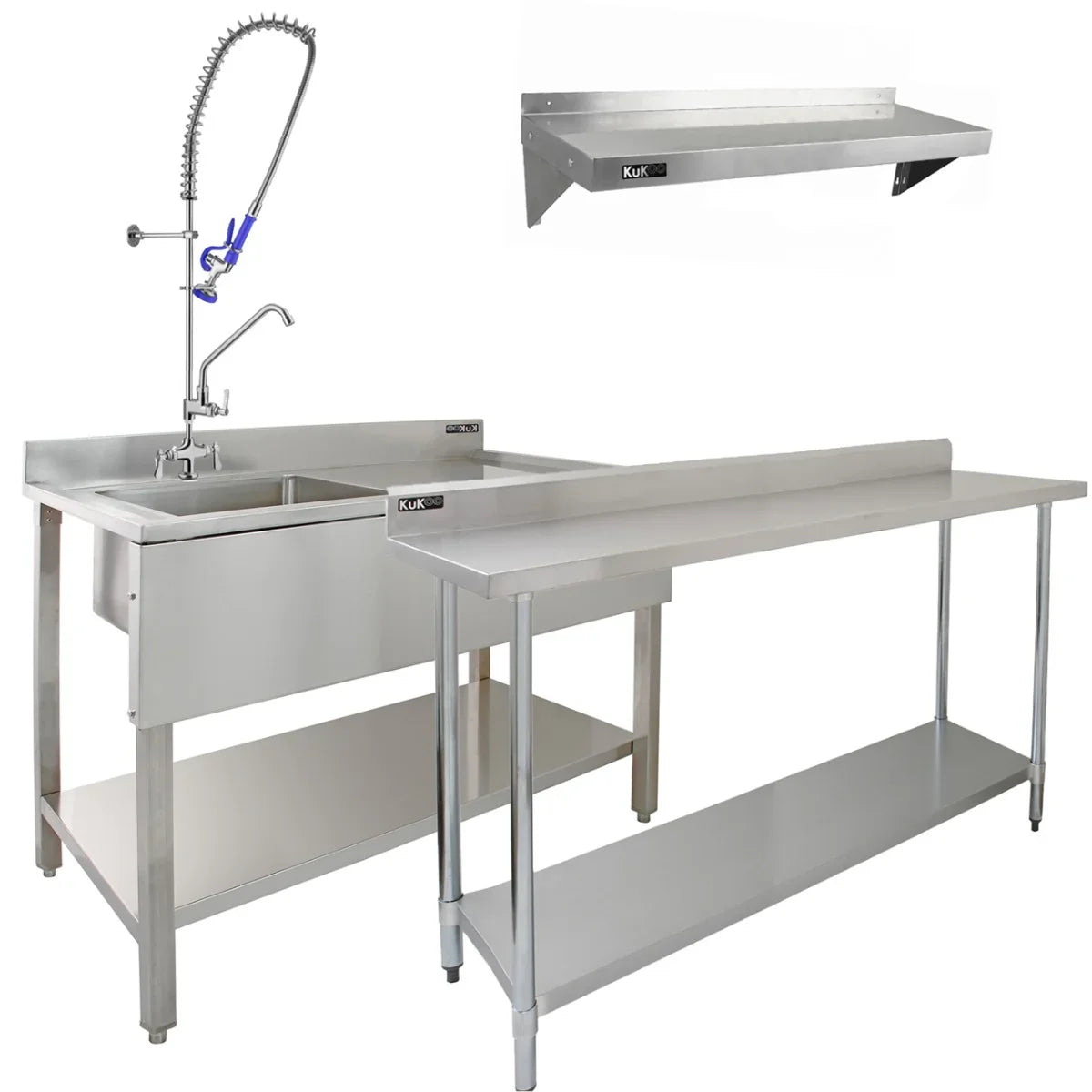 KuKoo 25003 commercial sink, pre-rinse tap, stainless steel bench and two wall shelves