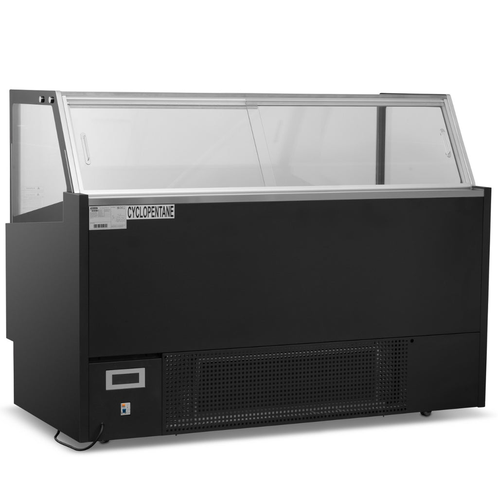 Rear view of the LUXE15 showing sliding access doors, preparation shelf and lower control panel