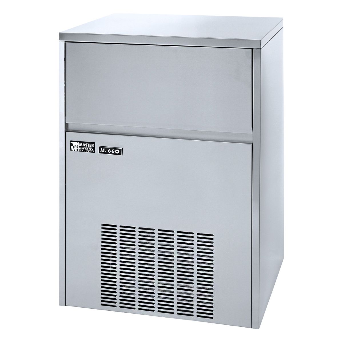 Masterfrost M660 commercial ice maker, front view with integral storage bin
