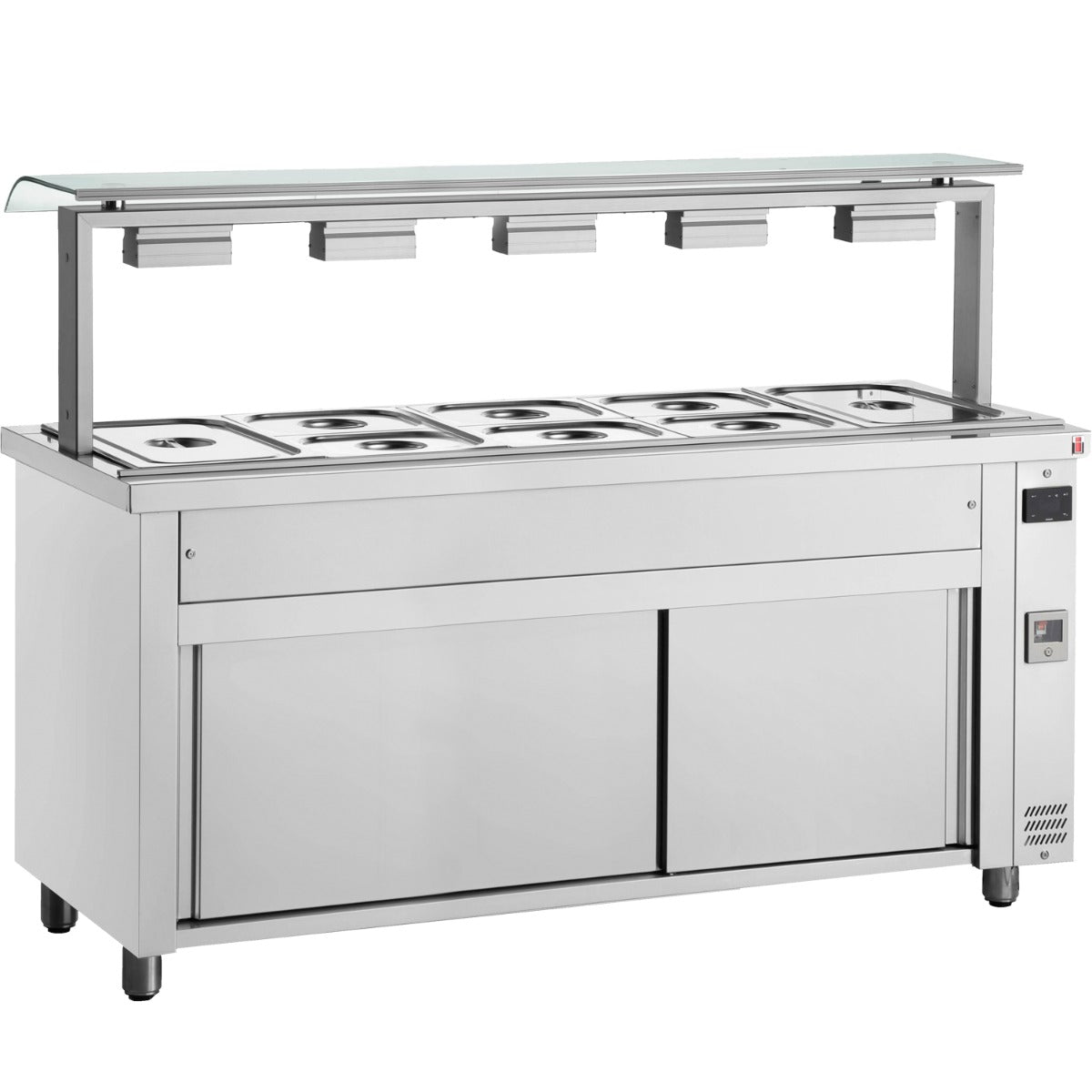Inomak MJV718 bain marie with heated cupboard and sneeze guard, front view; pans and lids shown are not included
