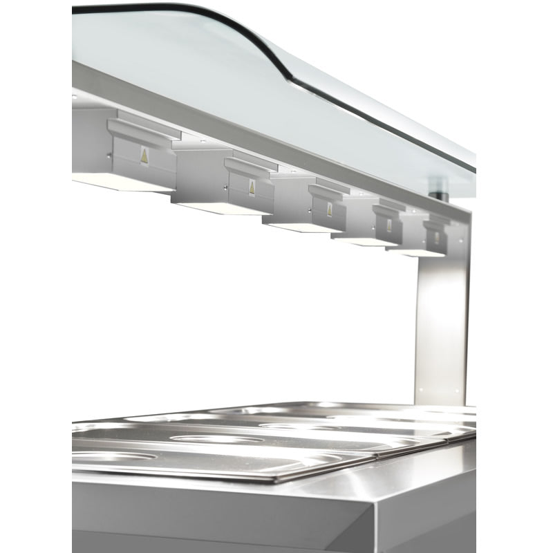 Halogen heating lamps beneath the Inomak MJV718 sneeze-guard gantry; pans shown are not included