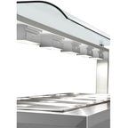 Halogen heating lamps beneath the Inomak MJV718 sneeze-guard gantry; pans shown are not included