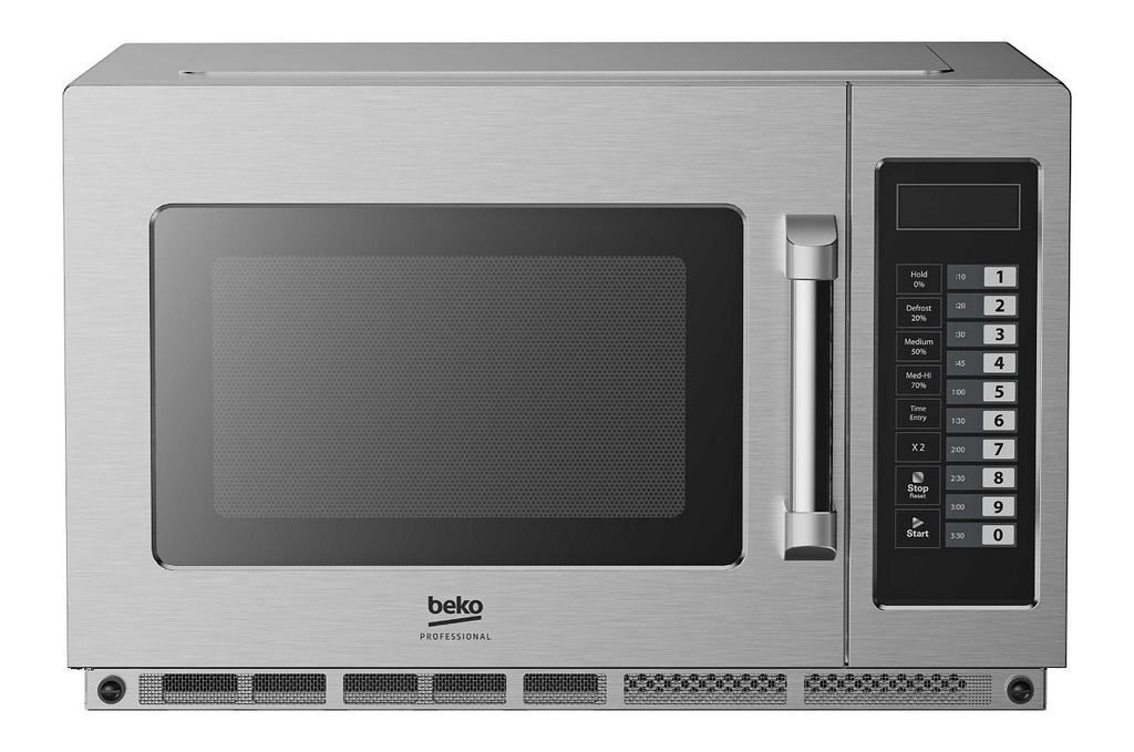 Beko PRO34IX2UK-BP commercial microwave, front view with programmable keypad