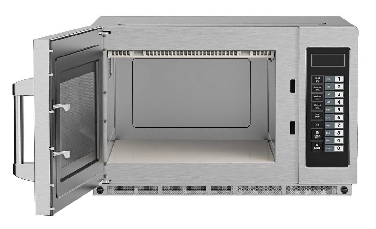 Beko PRO34IX2UK-BP microwave with door open showing stainless-steel cavity