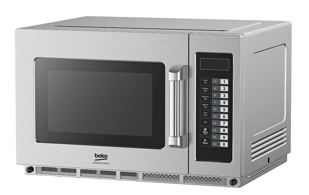 Beko PRO34IX2UK-BP microwave, front and right-side view