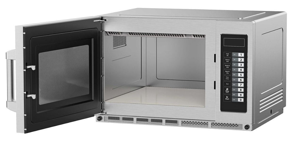 Beko PRO34IX2UK-BP microwave with door open, angled view of cavity and keypad