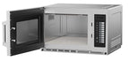 Beko PRO34IX2UK-BP microwave with door open, angled view of cavity and keypad