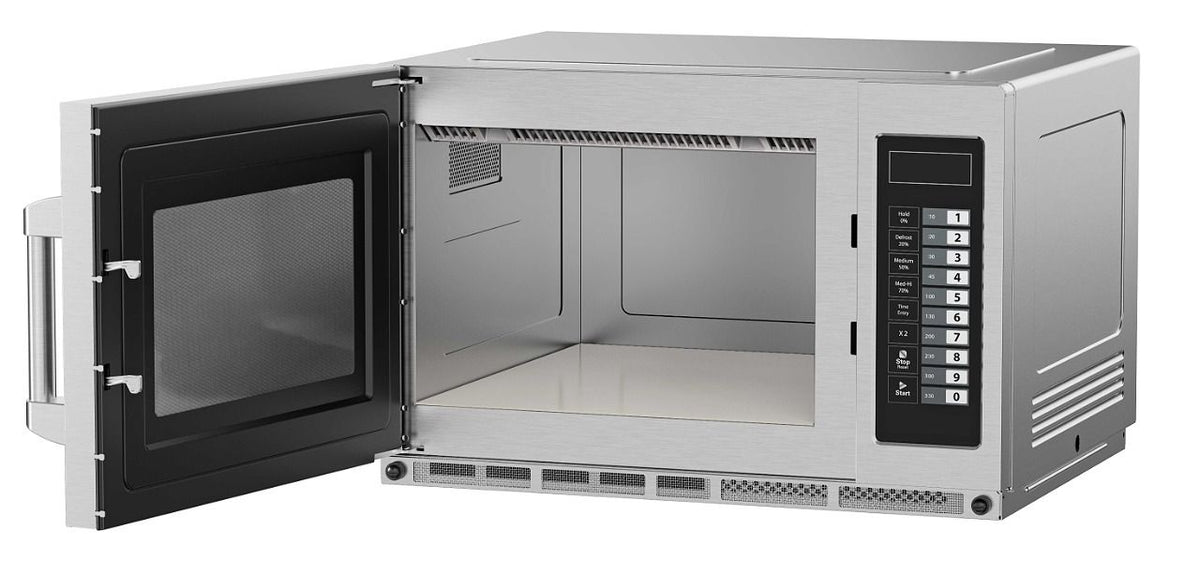 Beko PRO34IX2UK-BP microwave with door open, angled view of cavity and keypad