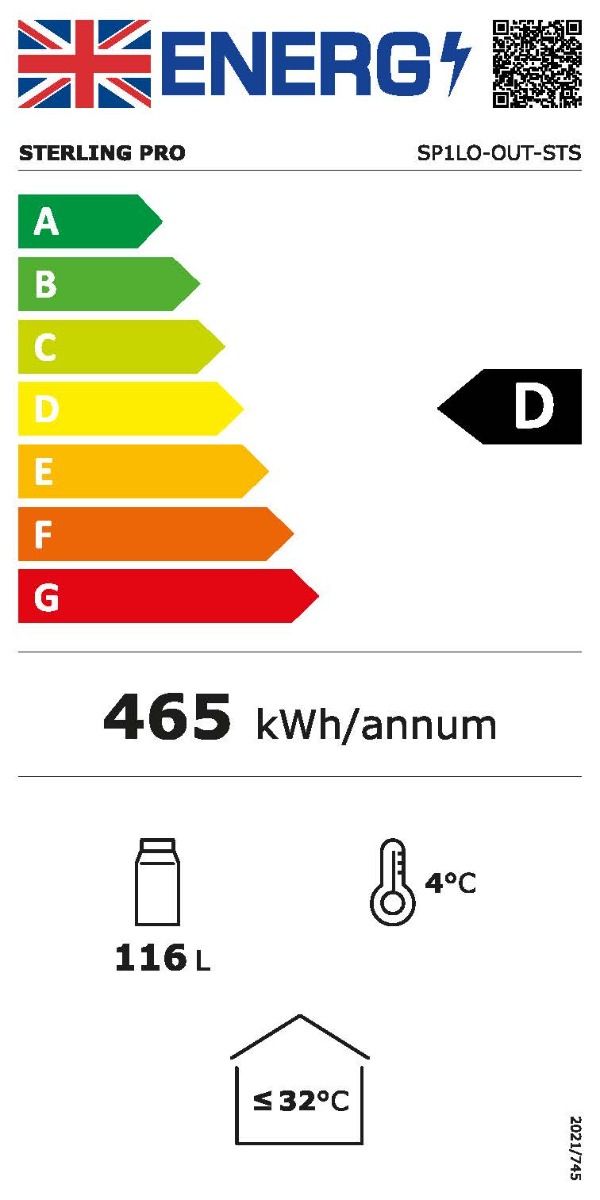Energy label for Sterling Pro SP1LO-OUT-STS, class D, 465 kWh per year and 116-litre net capacity