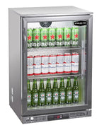 Sterling Pro SP1LO-OUT-STS stainless-steel outdoor bottle cooler, angled front view; drinks shown for illustration