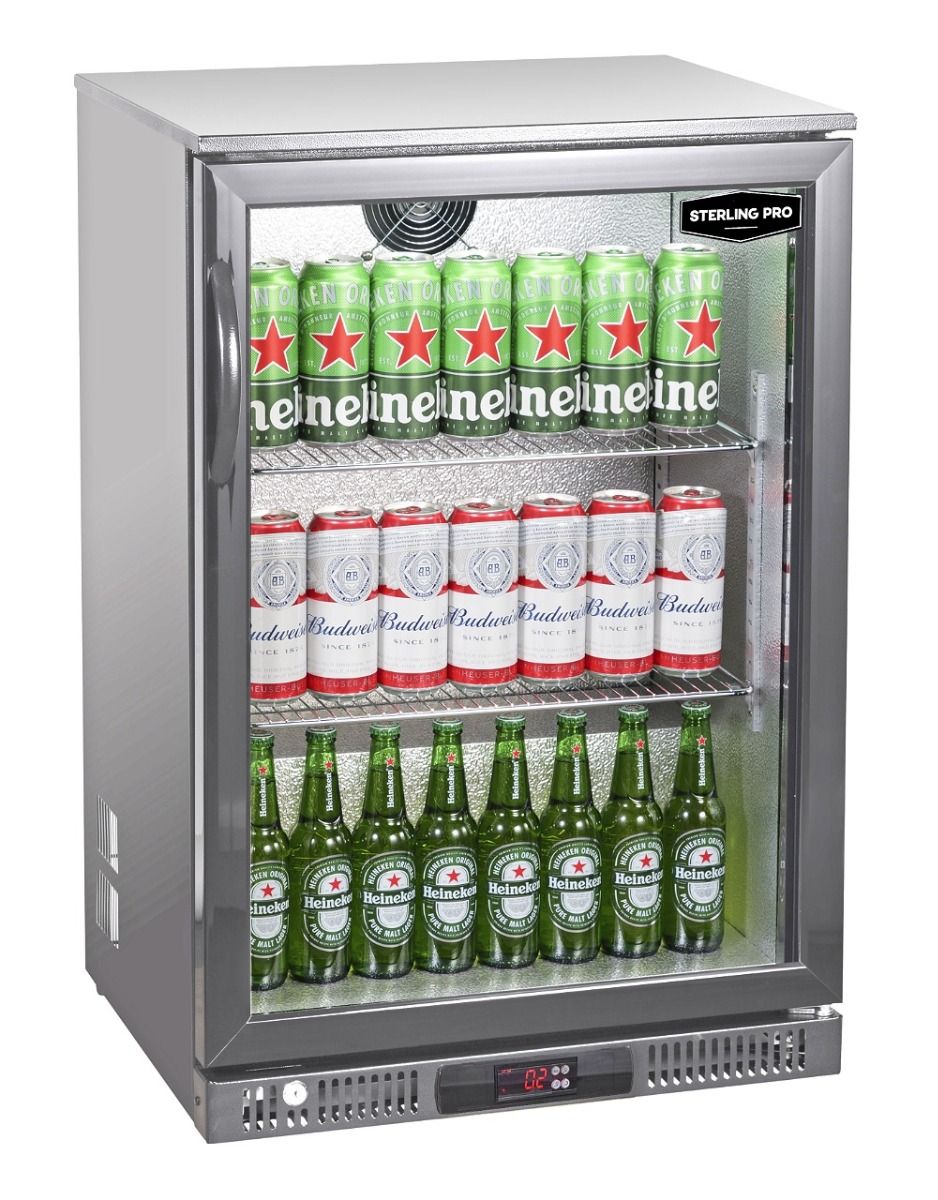 Sterling Pro SP1LO-OUT-STS stainless-steel outdoor bottle cooler, angled front view; drinks shown for illustration