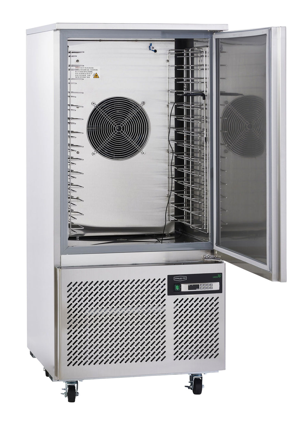 Sterling Pro SP60BC blast chiller with door open showing fan and tray supports