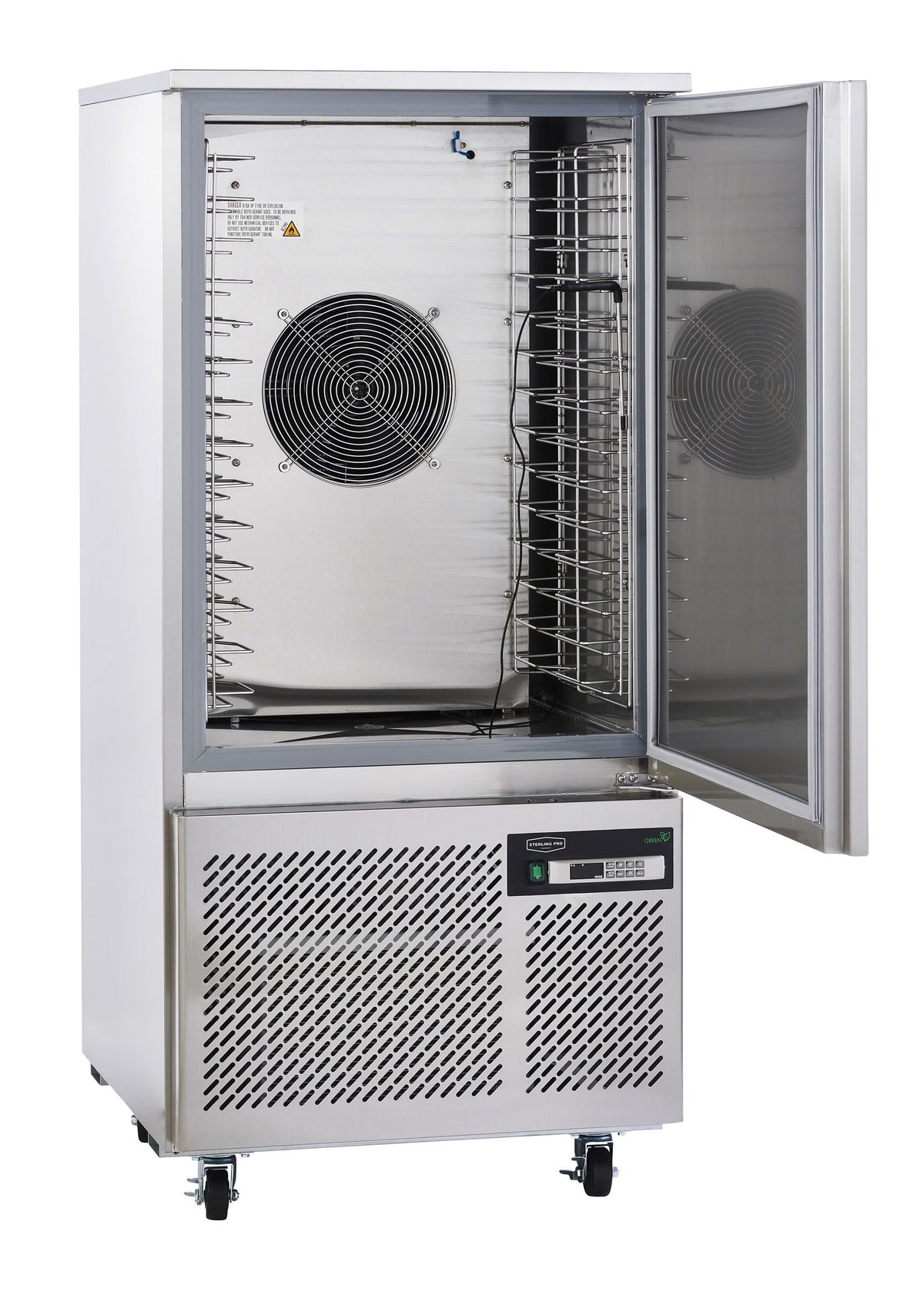 Sterling Pro SP60BC blast chiller with door open showing fan and tray supports