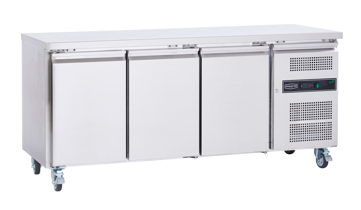 Sterling Pro SPCF300N stainless-steel three-door freezer counter, doors closed