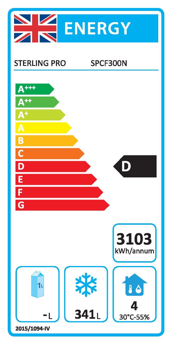 Energy label for Sterling Pro SPCF300N freezer counter, class D, net volume 341 litres